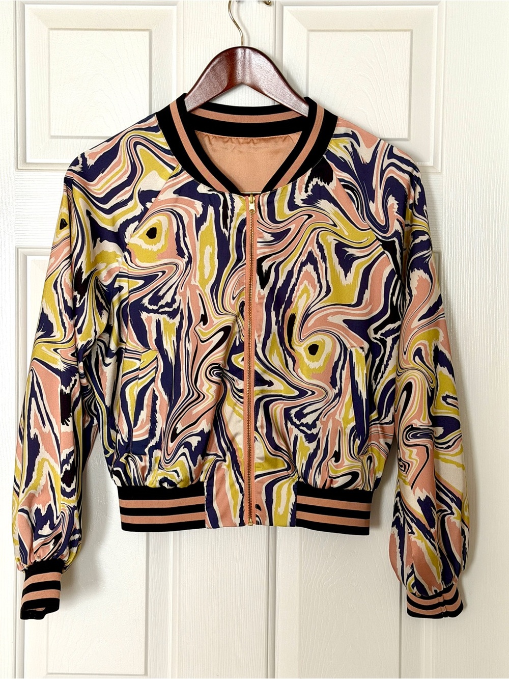 Reversible Satin Bomber Jacket Abstract Print Peach Black Crop Small Boutique